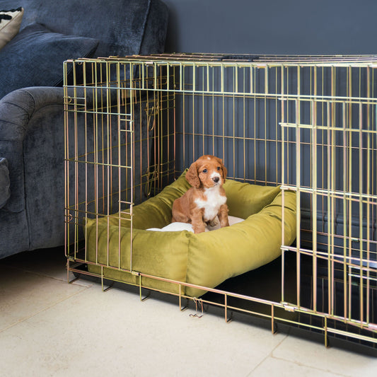 Cosy & Calming Puppy Crate Bed With Removable Covers In Olive Velvet