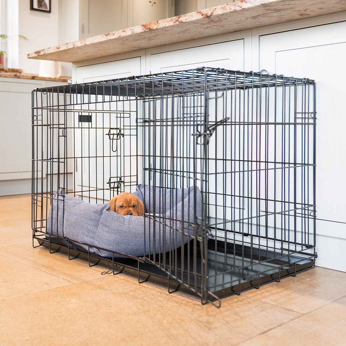 Dog Crate with Cosy & Calming Puppy Crate Bed in Oxford Herringbone, view 4