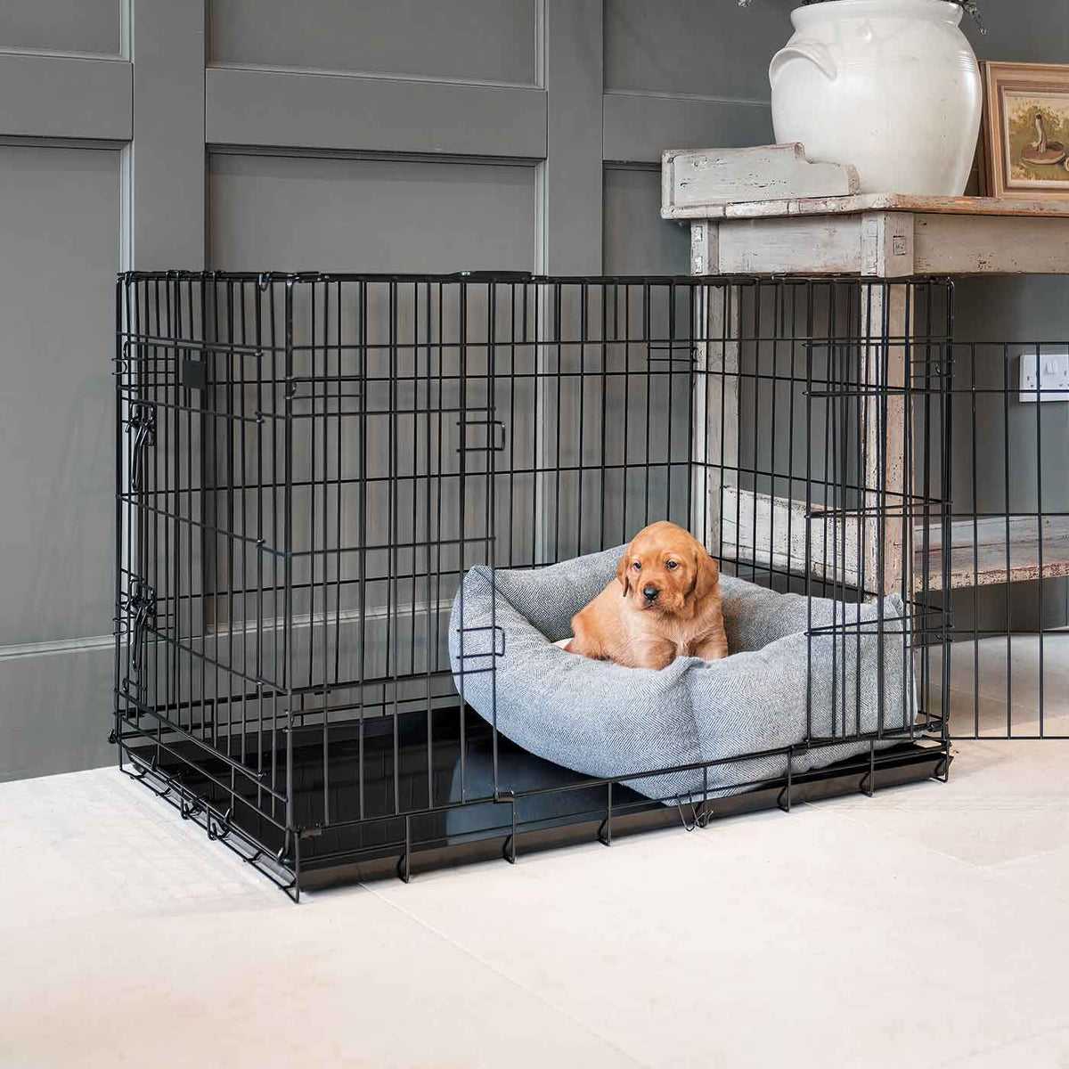 Dog Crate with Cosy & Calming Puppy Crate Bed in Pewter Herringbone, view 4