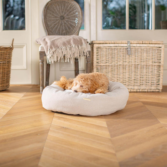 Donut Bed With Removable Covers in Natural Herringbone Tweed