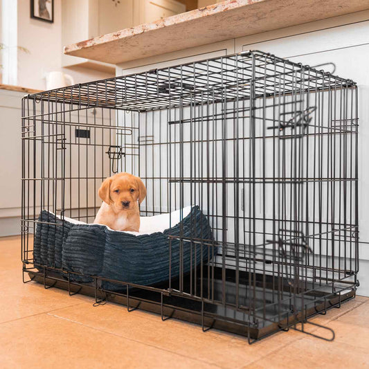 Cosy & Calming Puppy Crate Bed With Removable Covers in Navy Essentials Plush