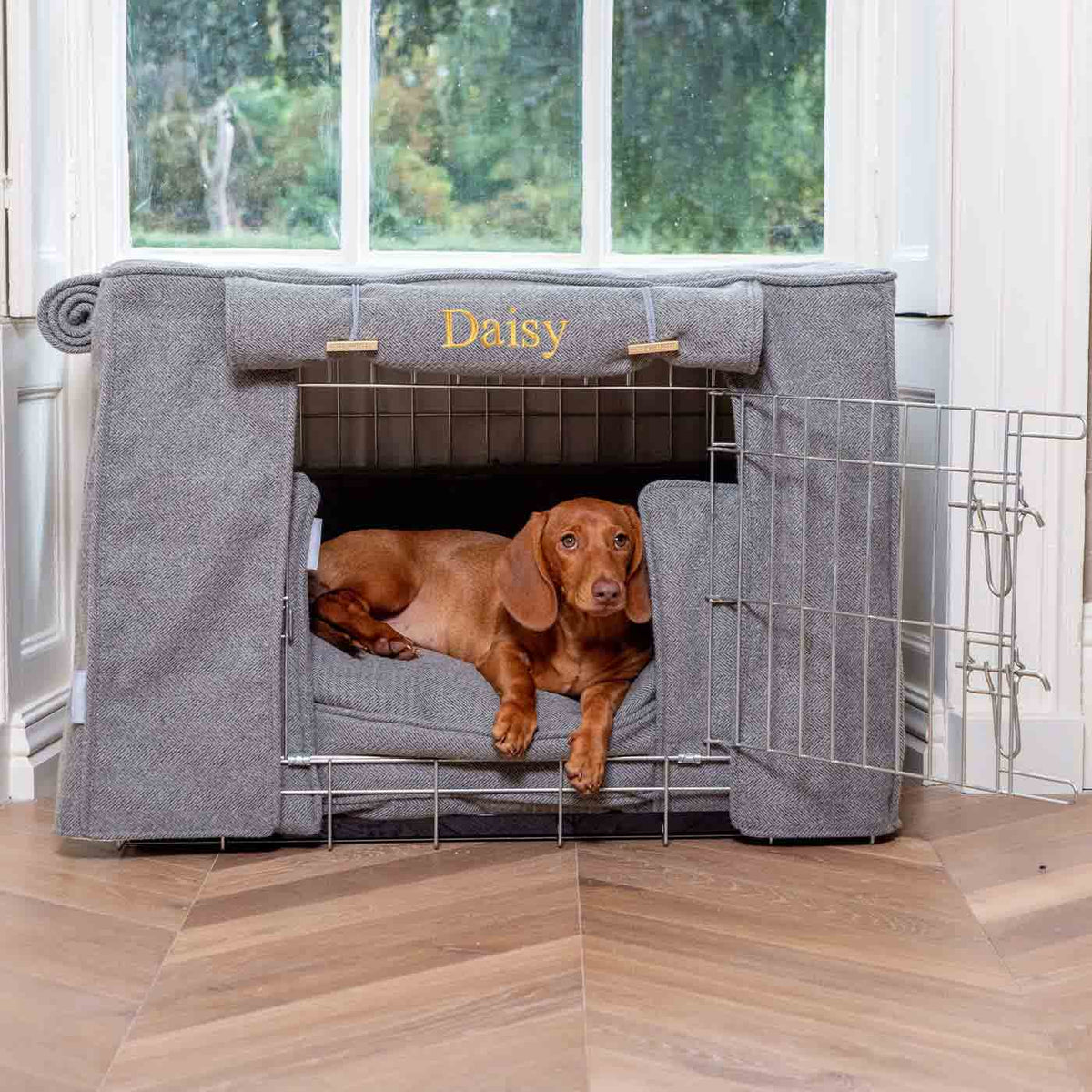 Dog Crate Set In Pewter Herringbone Tweed, view 11