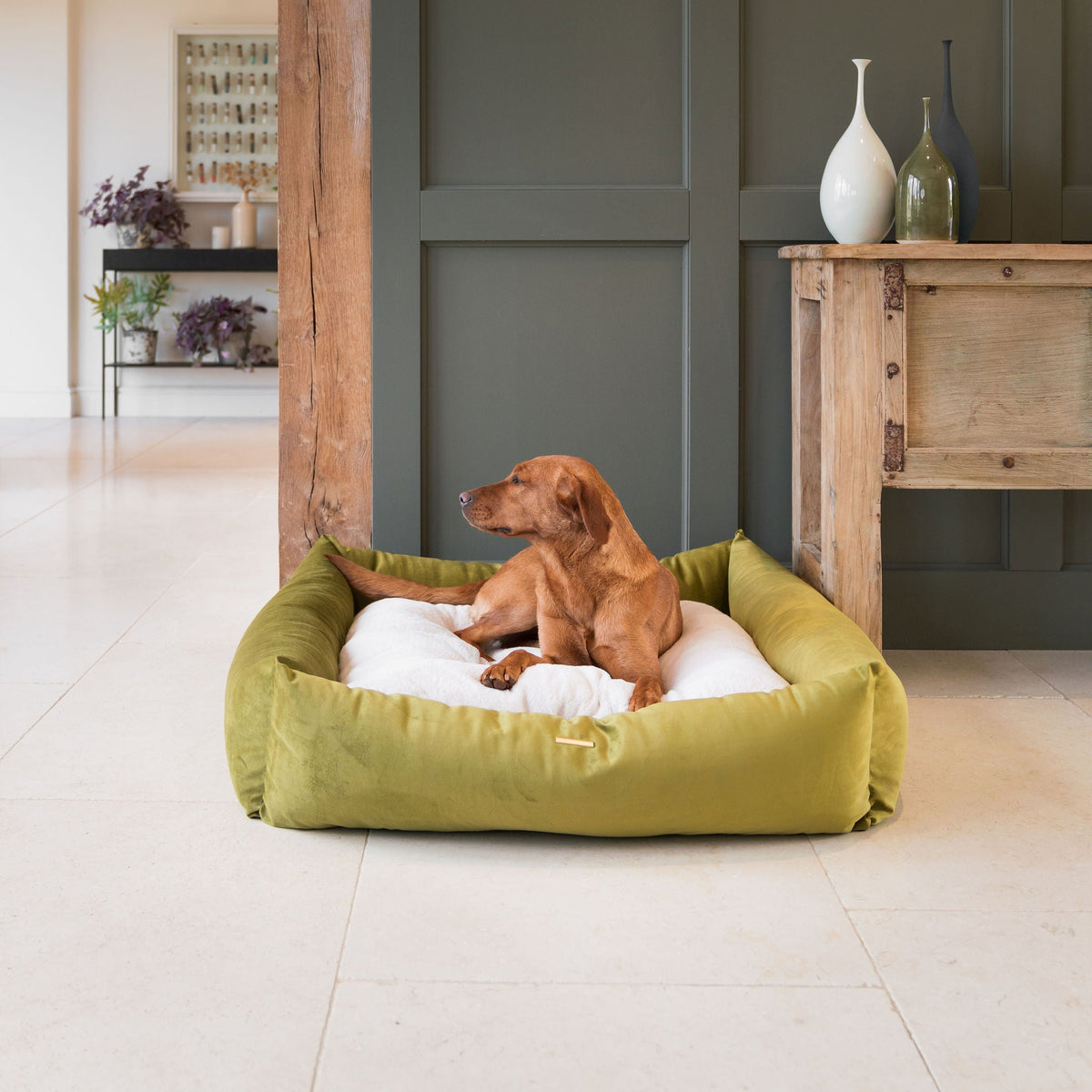 Box Bed With Removable Covers In Olive Velvet, view 5