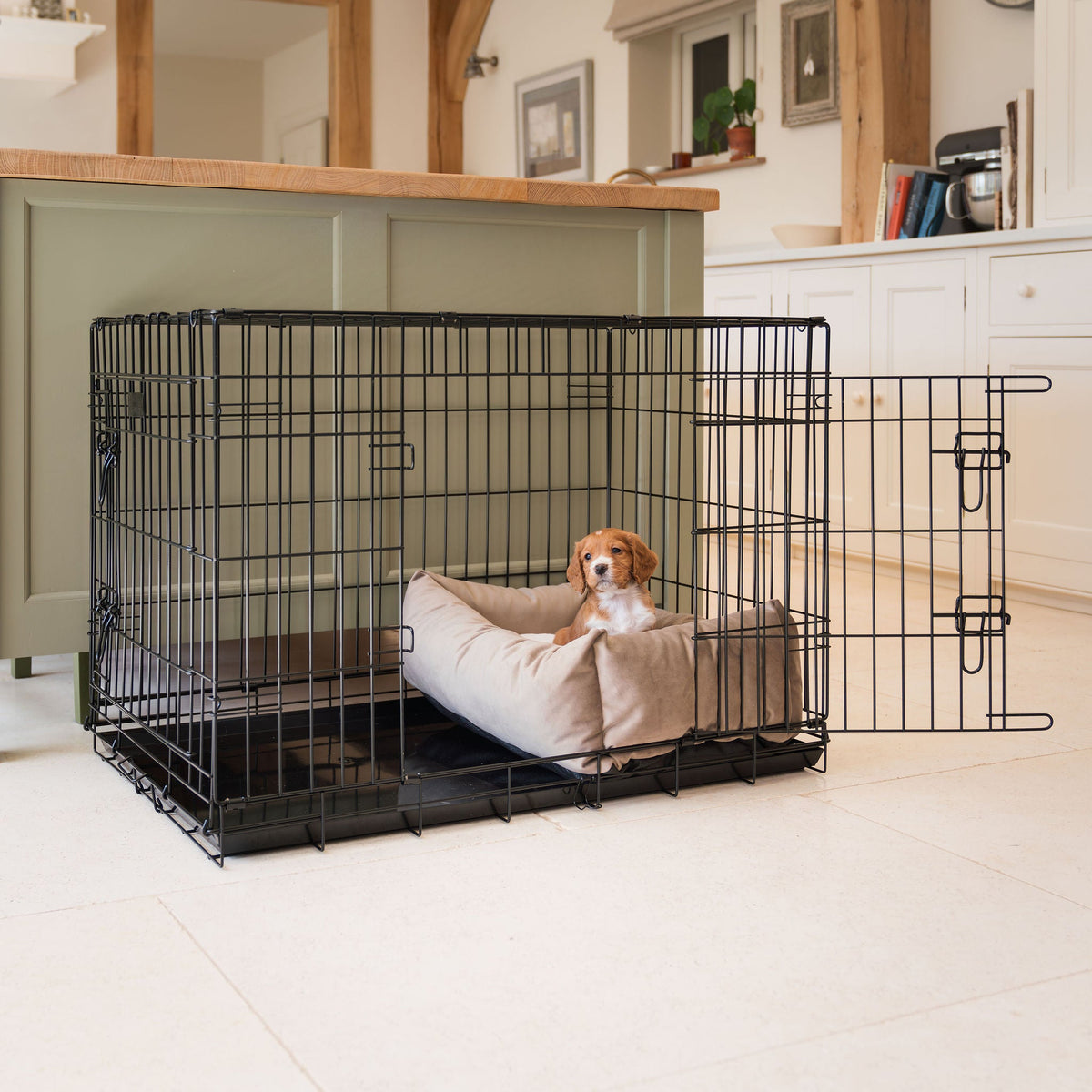 Cosy & Calming Puppy Crate Bed With Removable Covers In Clay Velvet, view 3