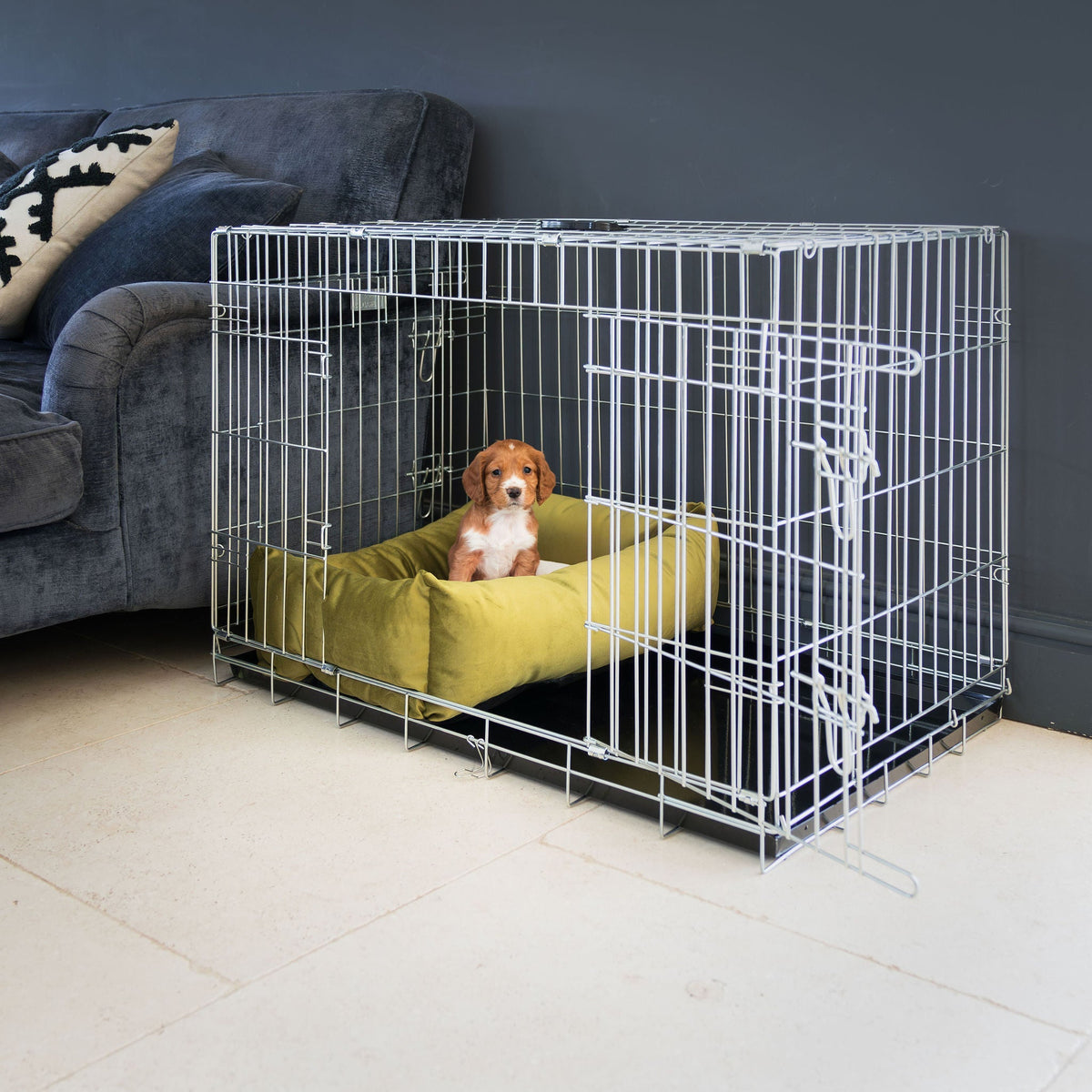 Dog Crate with Cosy & Calming Puppy Crate Bed in Olive Velvet, view 2