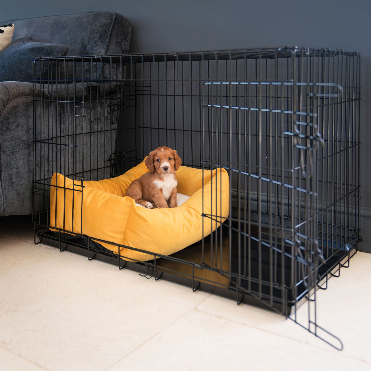 Dog Crate with Cosy & Calming Puppy Crate Bed in Saffron Velvet, view 2