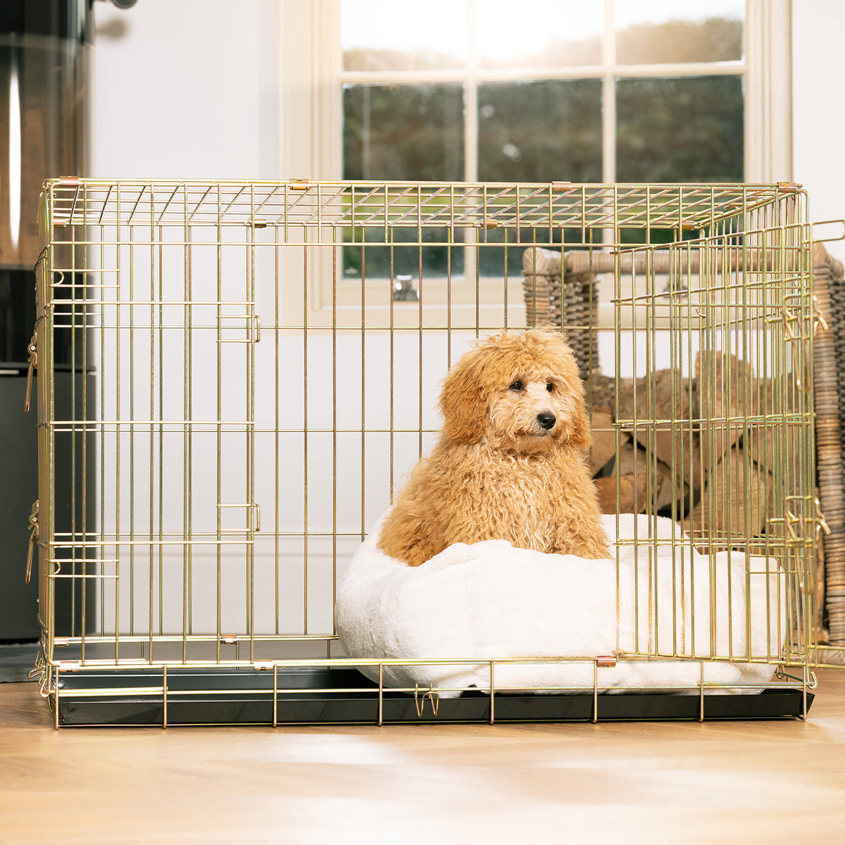 Cosy & Calming Puppy Crate Bed With Removable Covers in Calming Anti-Anxiety Cream Faux Fur, view 9