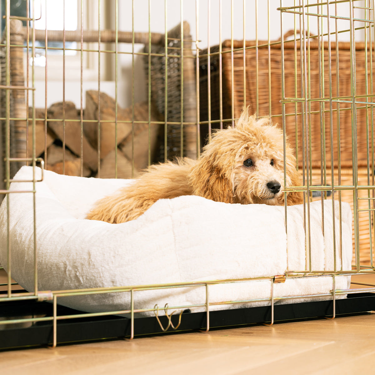 Cosy & Calming Puppy Crate Bed With Removable Covers in Calming Anti-Anxiety Cream Faux Fur, view 4