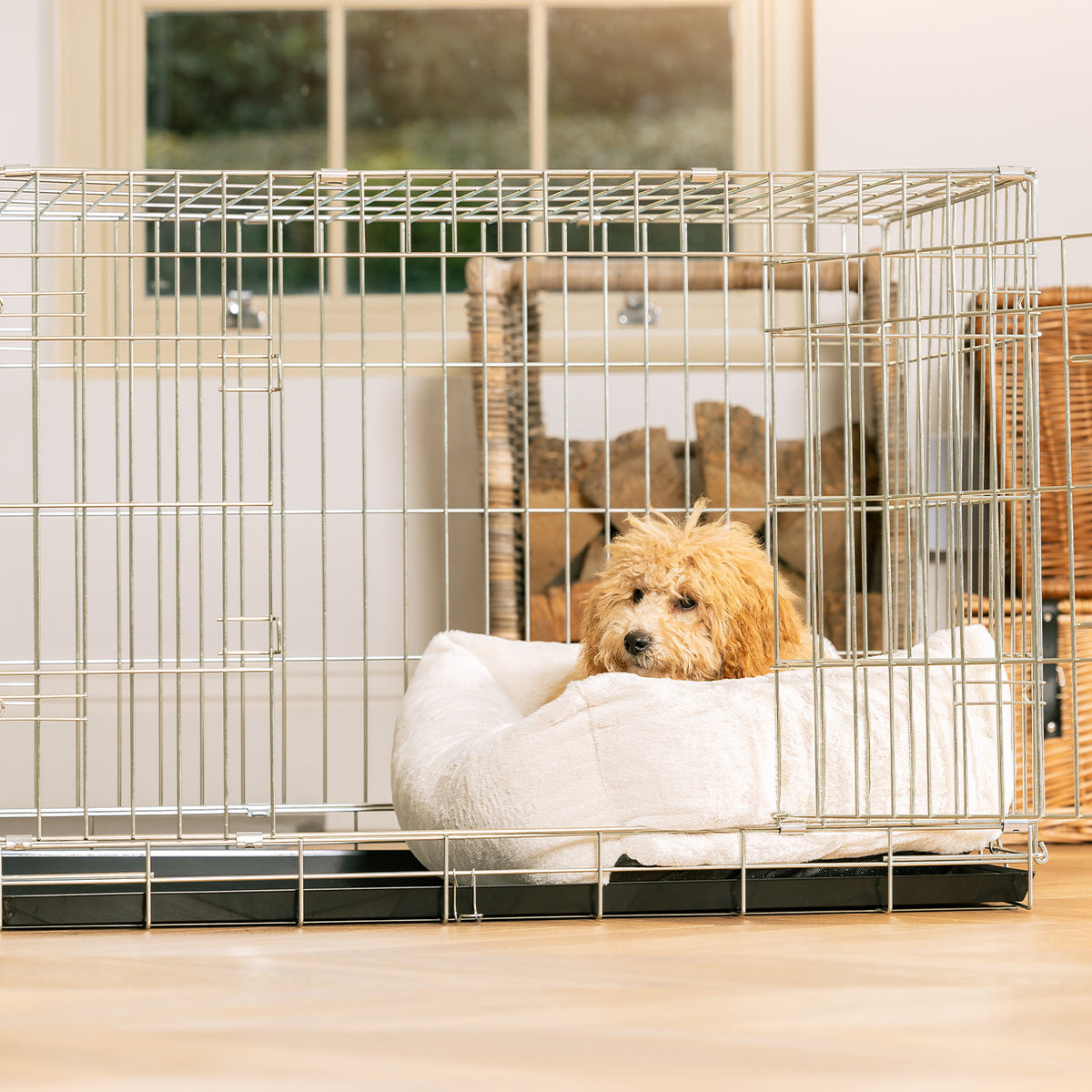 Cosy & Calming Puppy Crate Bed With Removable Covers in Calming Anti-Anxiety Cream Faux Fur, view 5