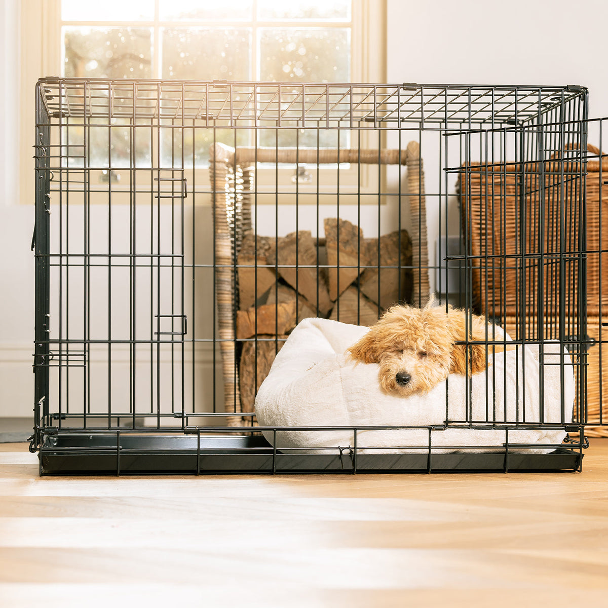 Cosy & Calming Puppy Crate Bed With Removable Covers in Calming Anti-Anxiety Cream Faux Fur, view 3