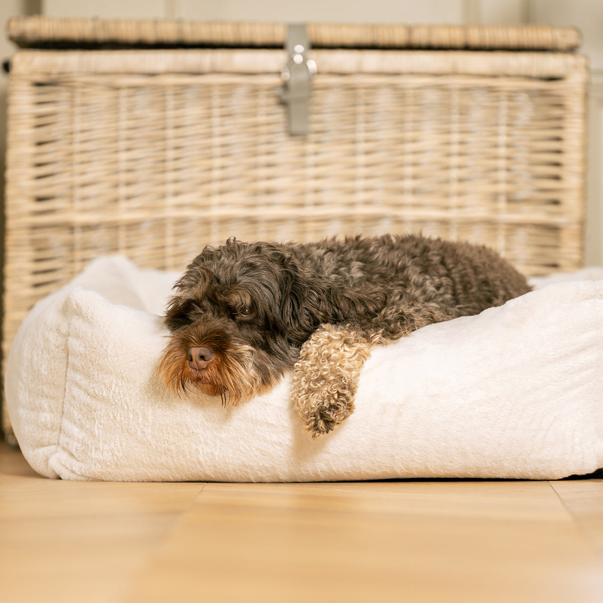 Calming Anti-Anxiety Cream Faux Fur Box Bed With Removable Covers, view 3