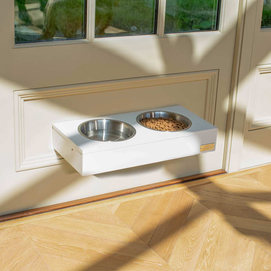 Wooden Wall Mounted Pet Feeder in White