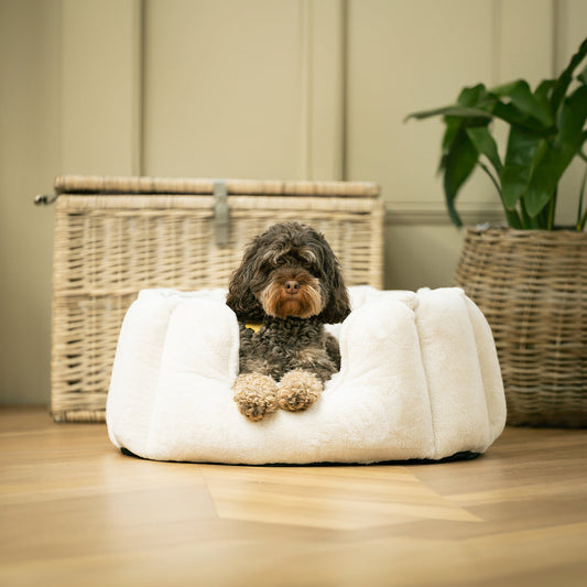 High Wall Bed With Removable Covers in Calming Anti-Anxiety Cream Faux Fur