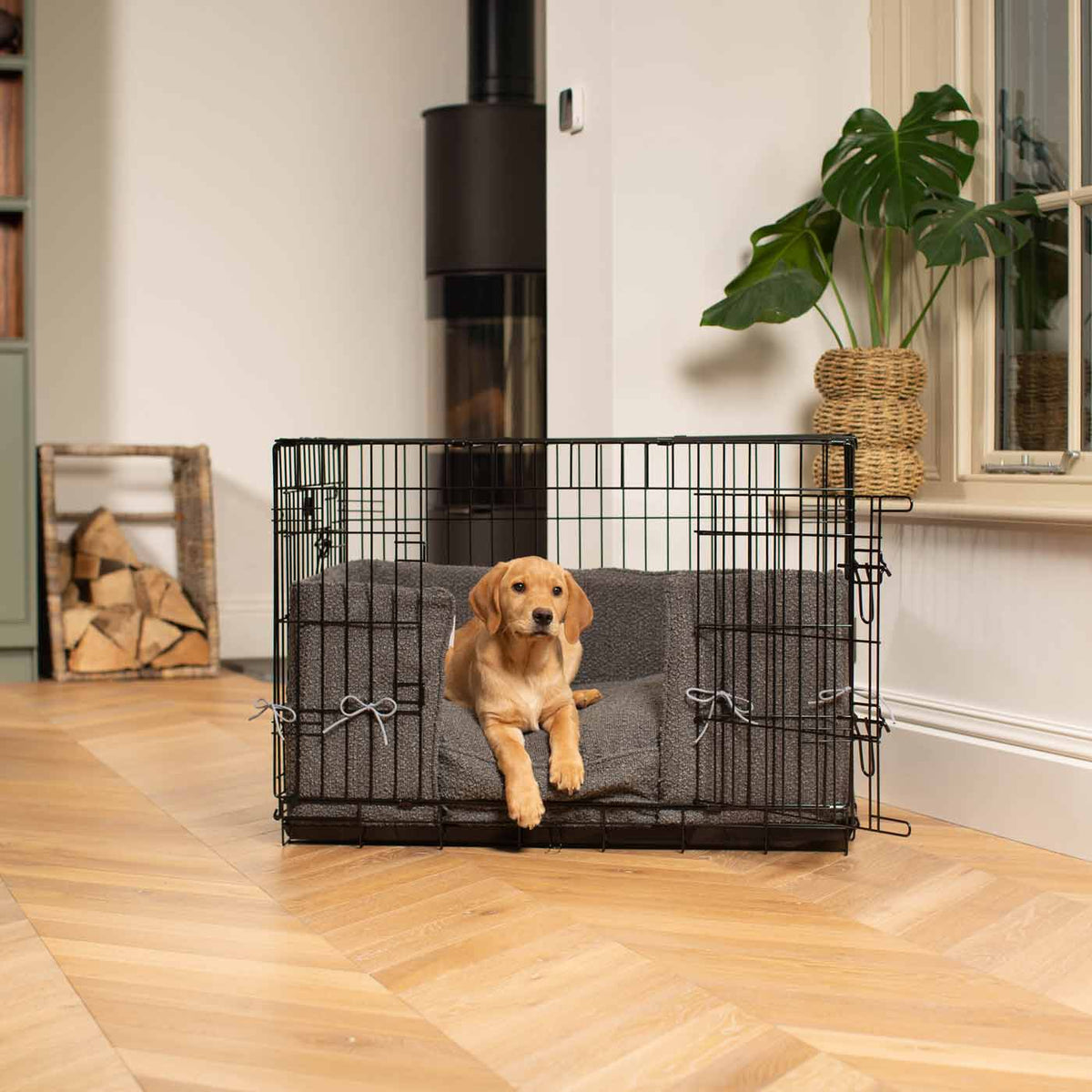 Dog Crate with Cushion & Bumper in Granite Bouclé, view 2