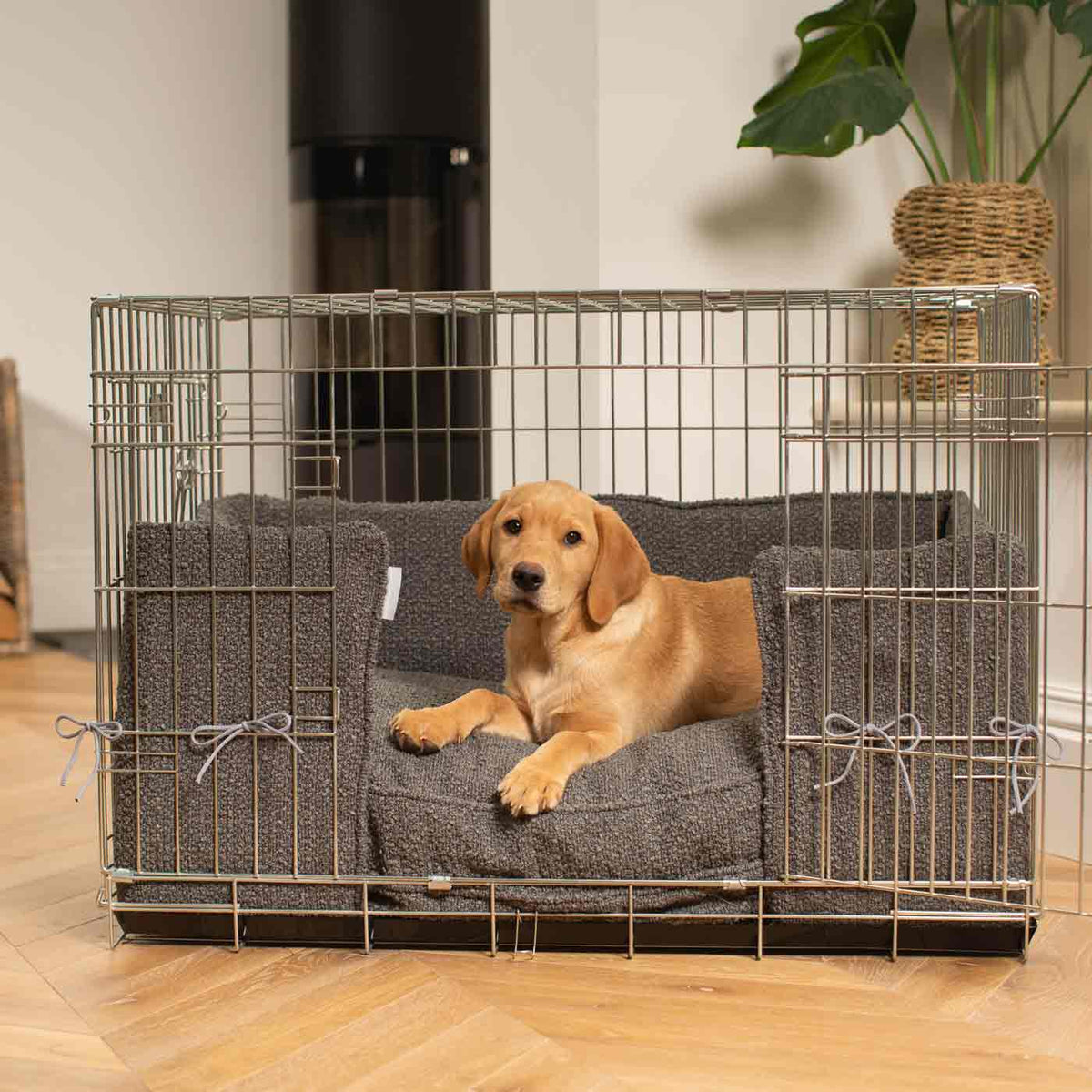 Dog Crate with Cushion & Bumper in Granite Bouclé, view 3