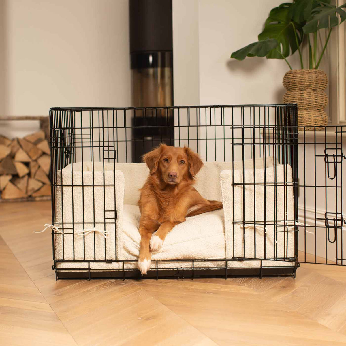 Dog Crate with Cushion & Bumper in Ivory Bouclé, view 3