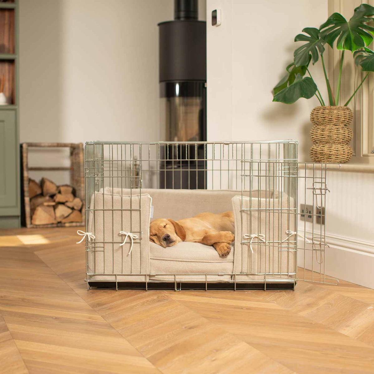 Dog Crate Bumper in Natural Herringbone Tweed