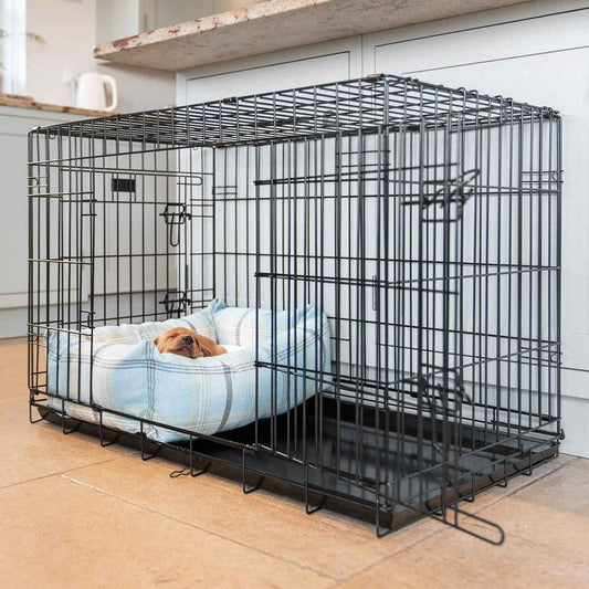 Cosy & Calming Puppy Crate Bed With Removable Covers in Balmoral Duck Egg Tweed