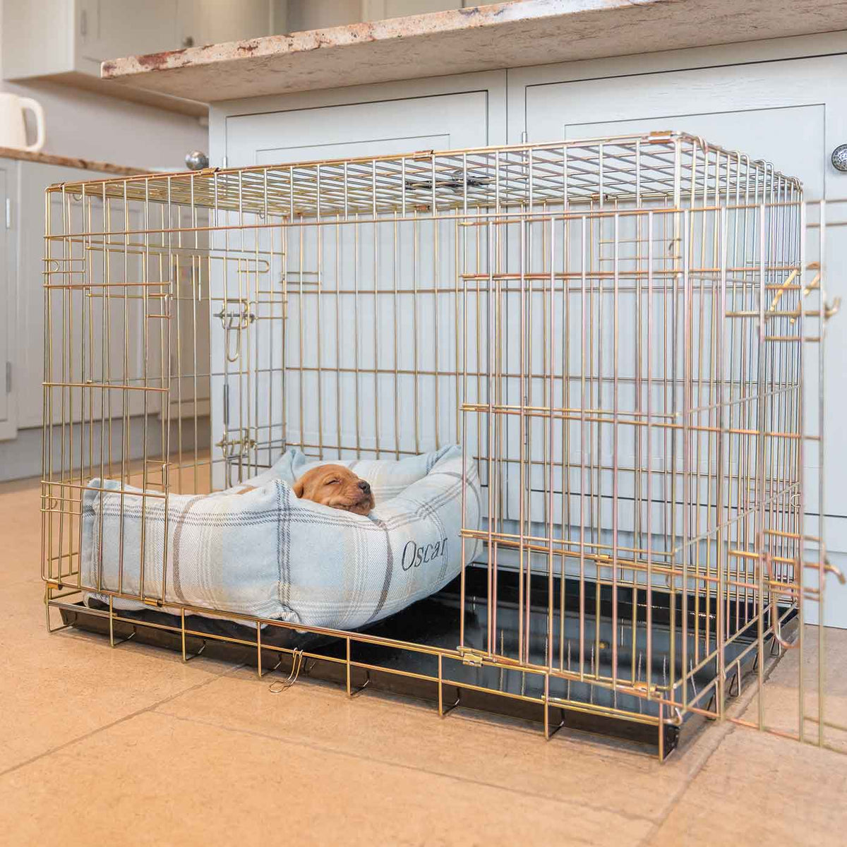Cosy & Calming Puppy Crate Bed With Removable Covers in Balmoral Duck Egg Tweed, view 3