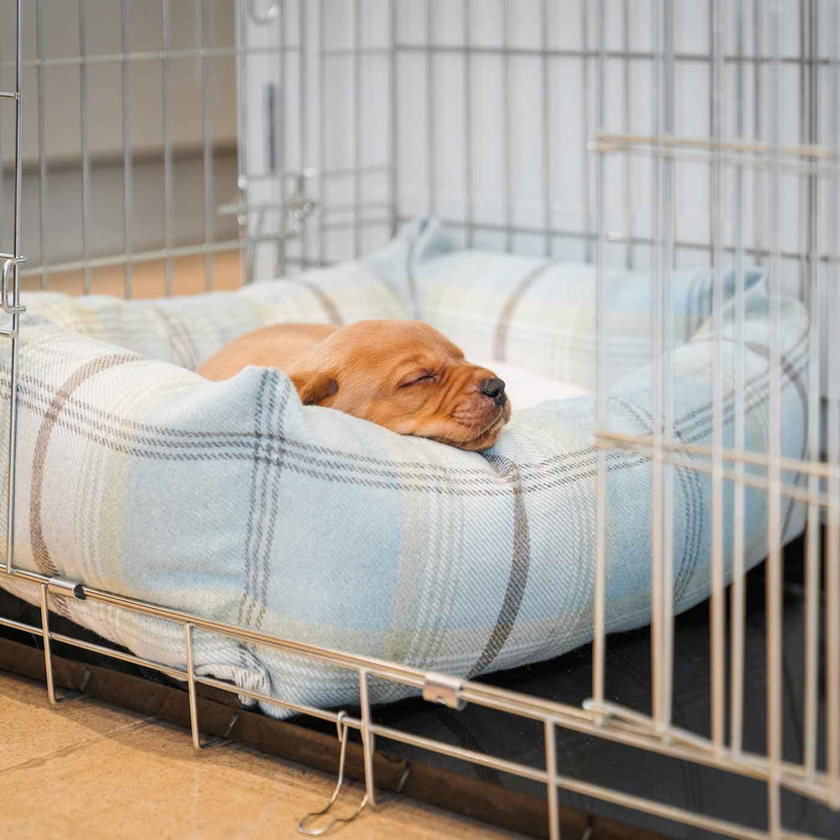 Cosy & Calming Puppy Crate Bed With Removable Covers in Balmoral Duck Egg Tweed, view 4