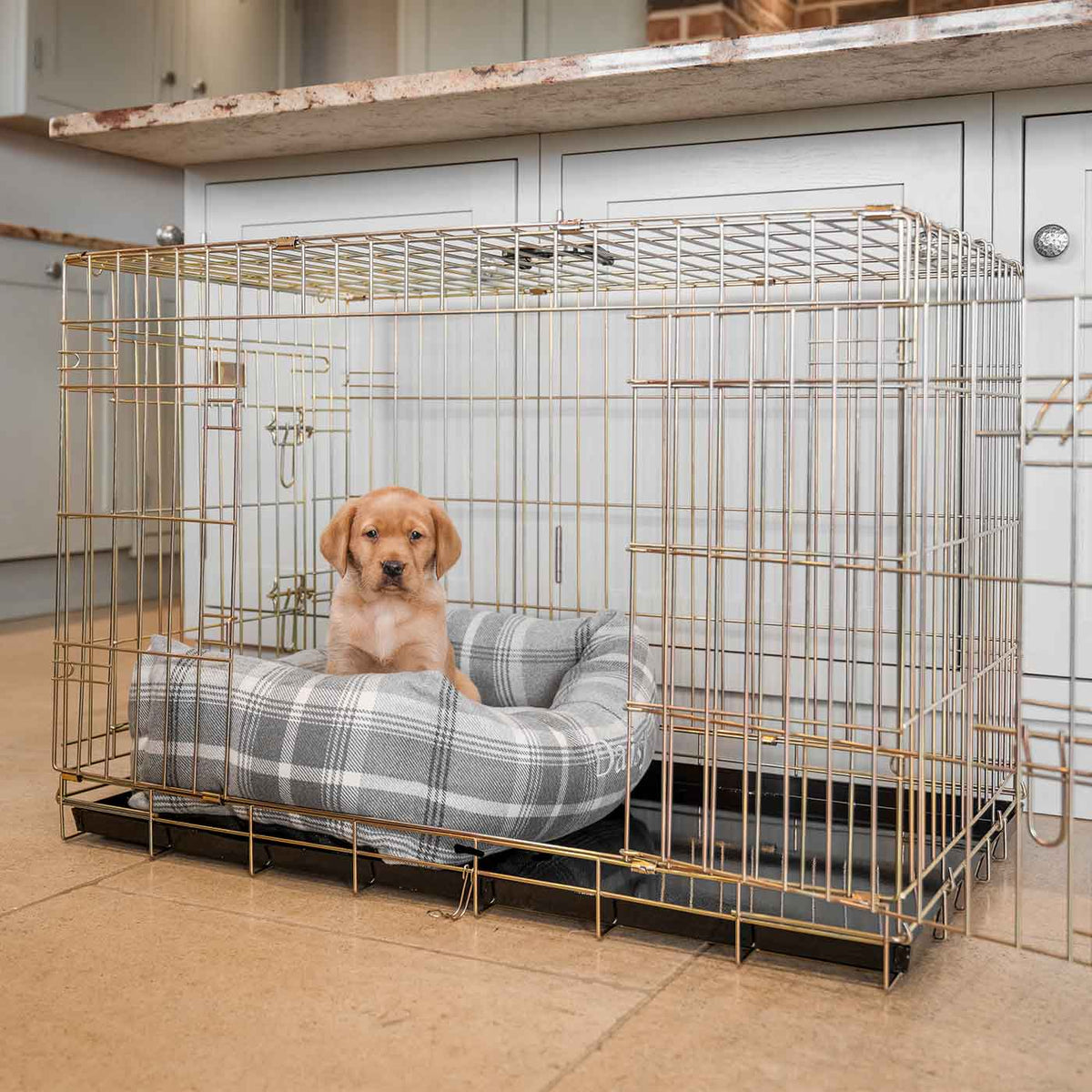 Dog Crate with Cosy & Calming Puppy Crate Bed in Balmoral Dove Grey Tweed