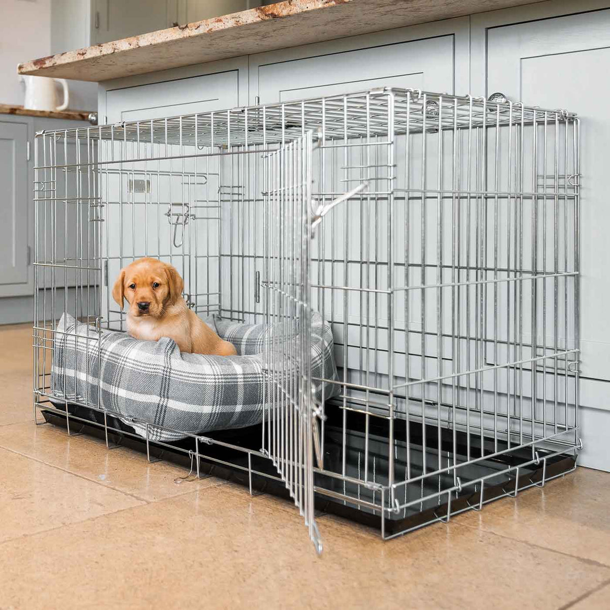 Dog Crate with Cosy & Calming Puppy Crate Bed in Balmoral Dove Grey Tweed, view 2