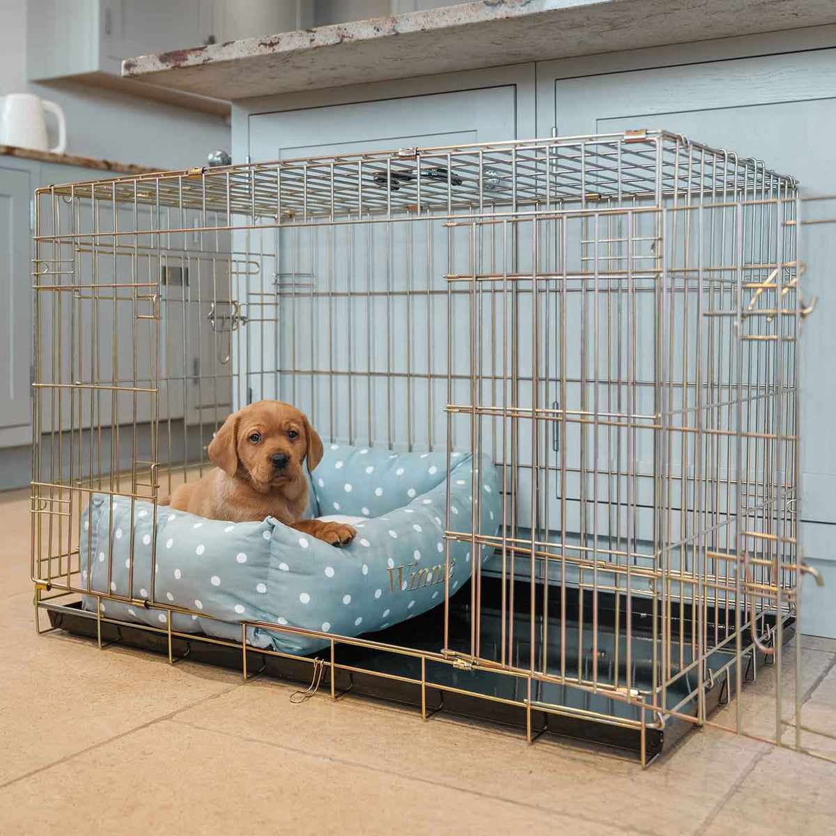 Cosy & Calming Puppy Crate Bed With Removable Covers in Duck Egg Spot, view 4