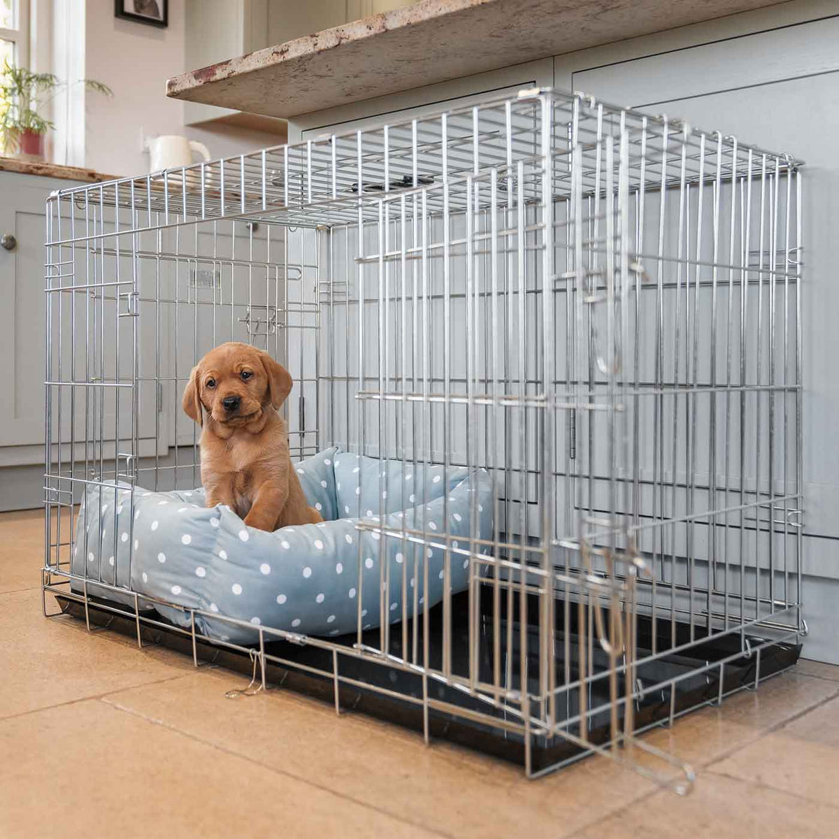 Cosy & Calming Puppy Crate Bed With Removable Covers in Duck Egg Spot, view 5