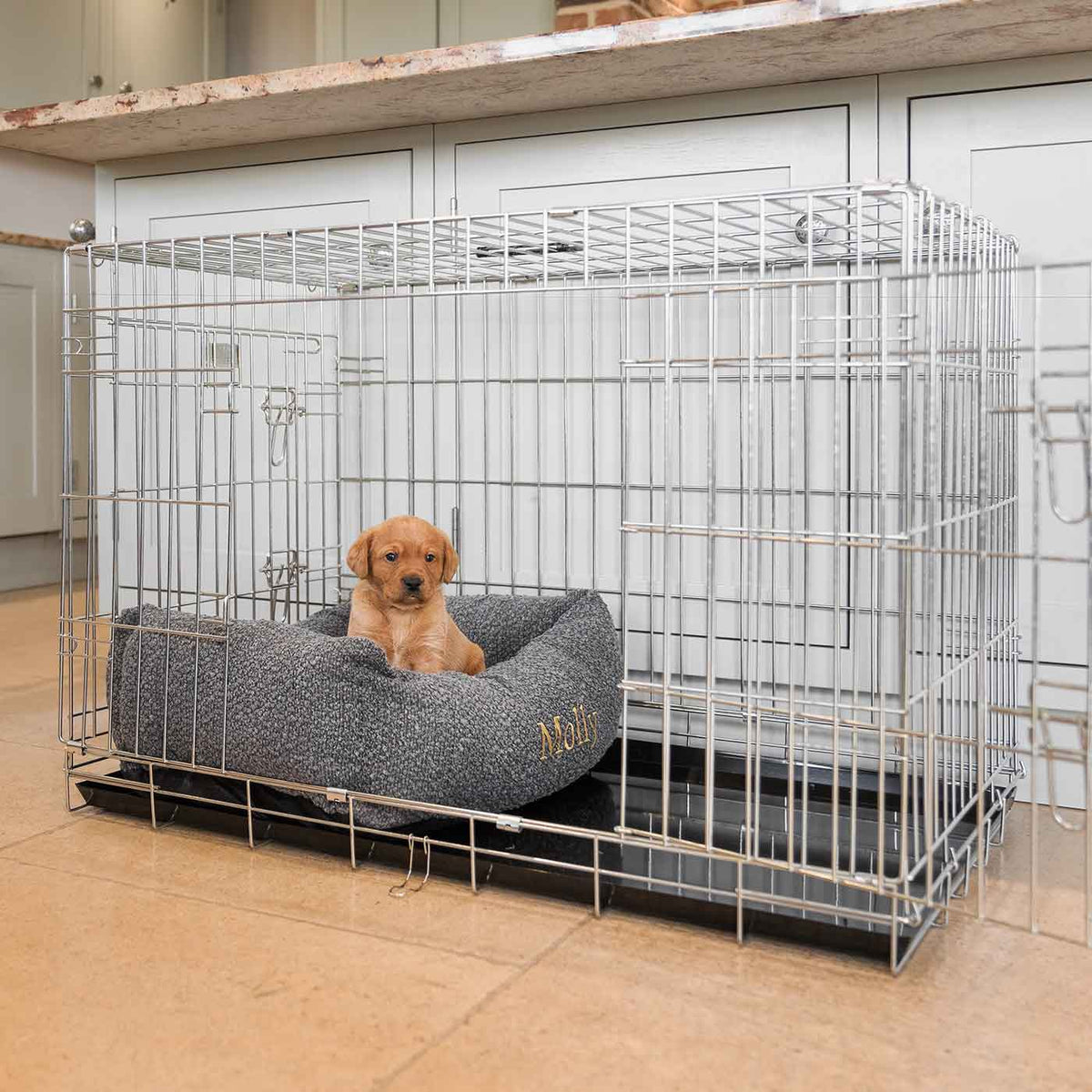Dog Crate with Cosy & Calming Puppy Crate Bed in Granite Bouclé, view 2