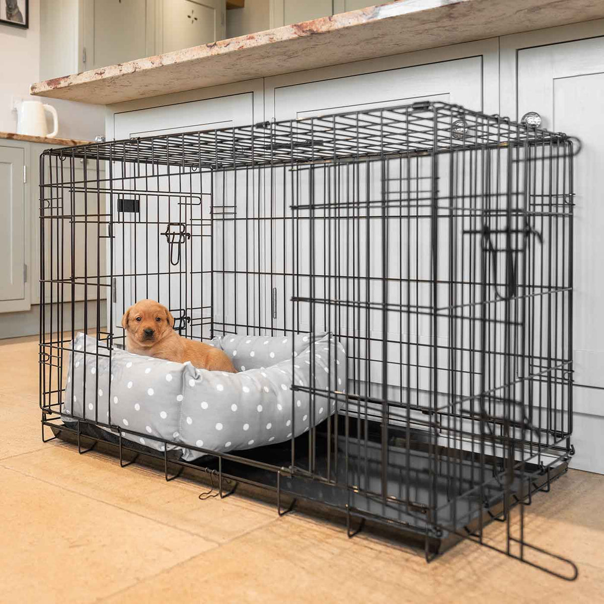 Cosy & Calming Puppy Crate Bed With Removable Covers in Grey Spot