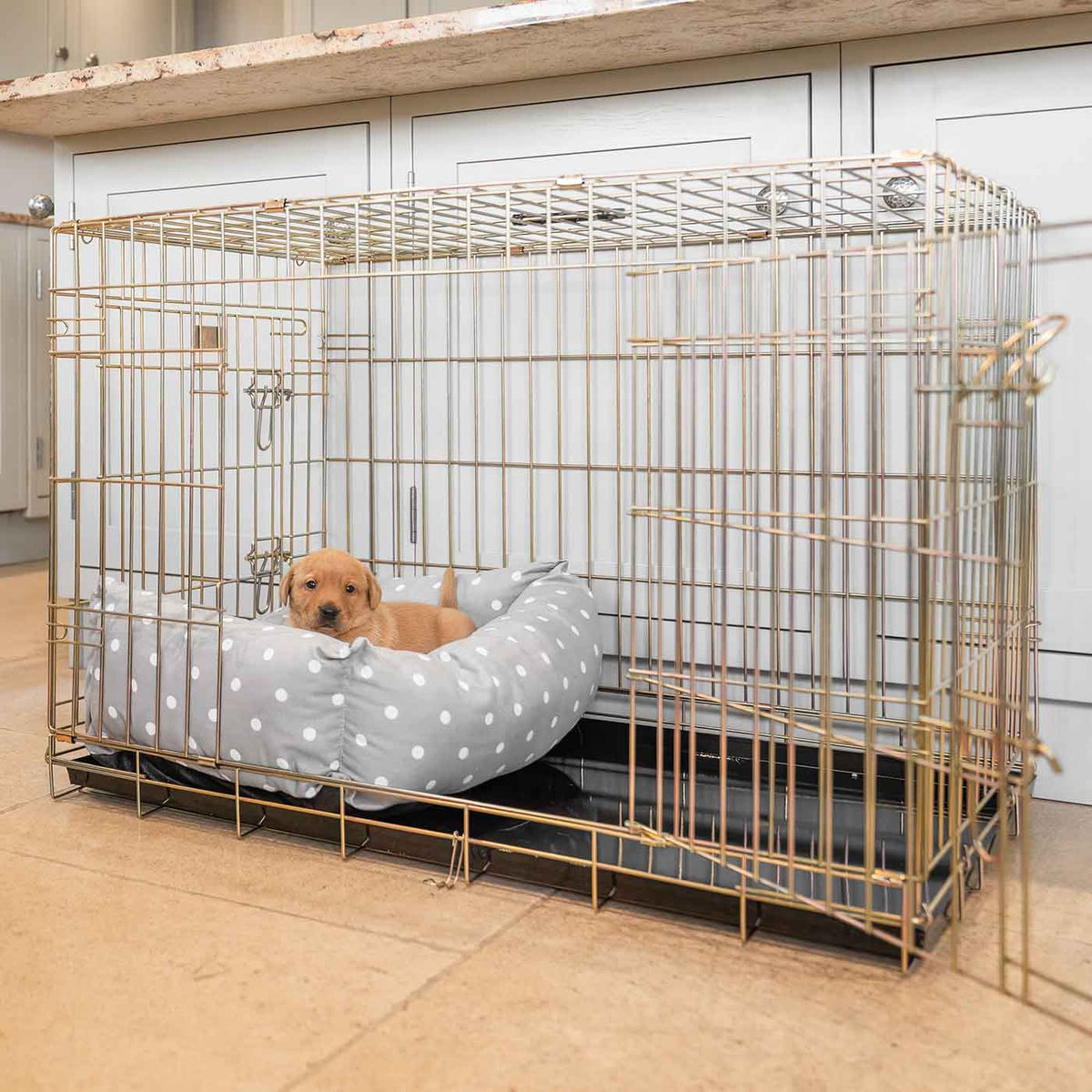 Cosy & Calming Puppy Crate Bed With Removable Covers in Grey Spot, view 4