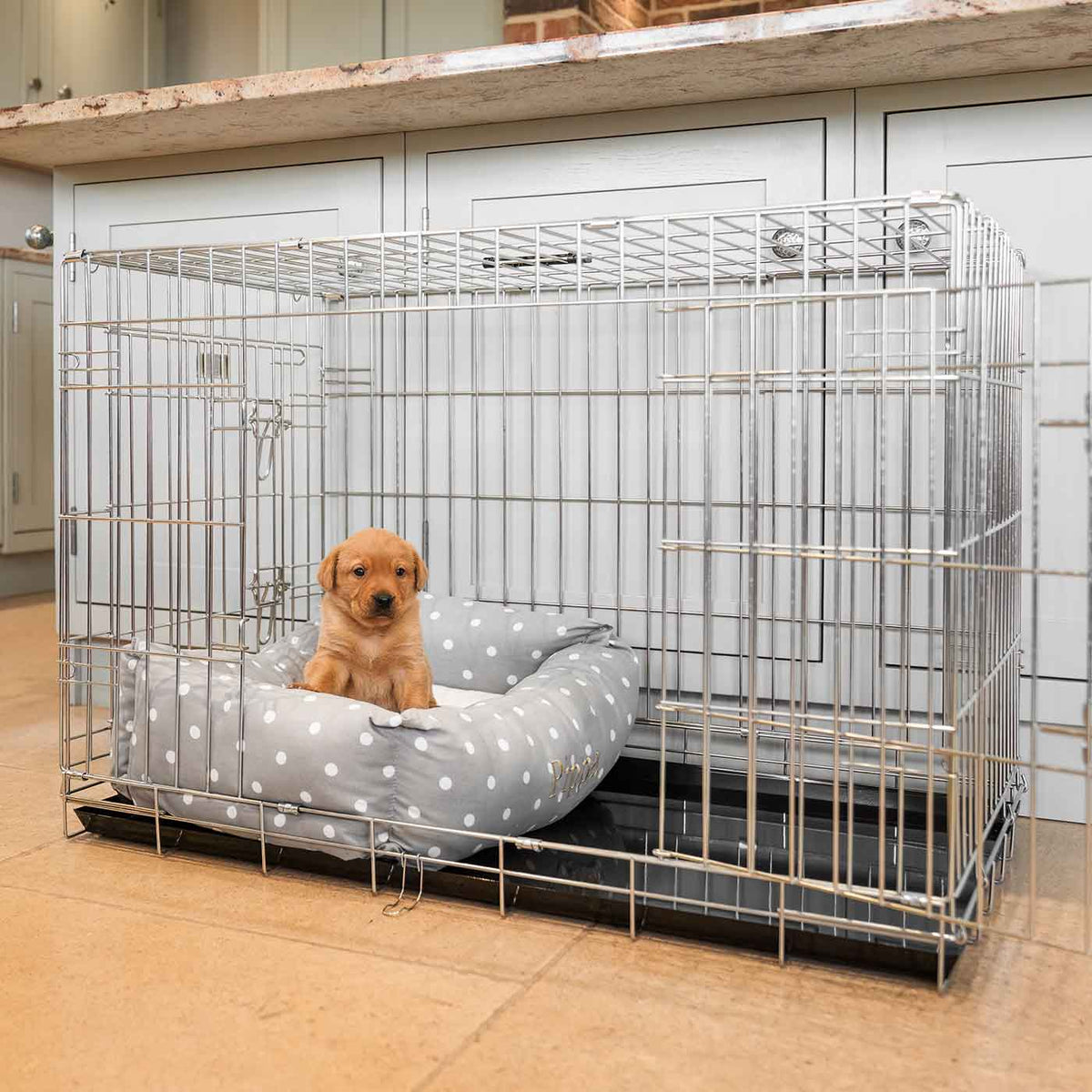 Cosy & Calming Puppy Crate Bed With Removable Covers in Grey Spot, view 5