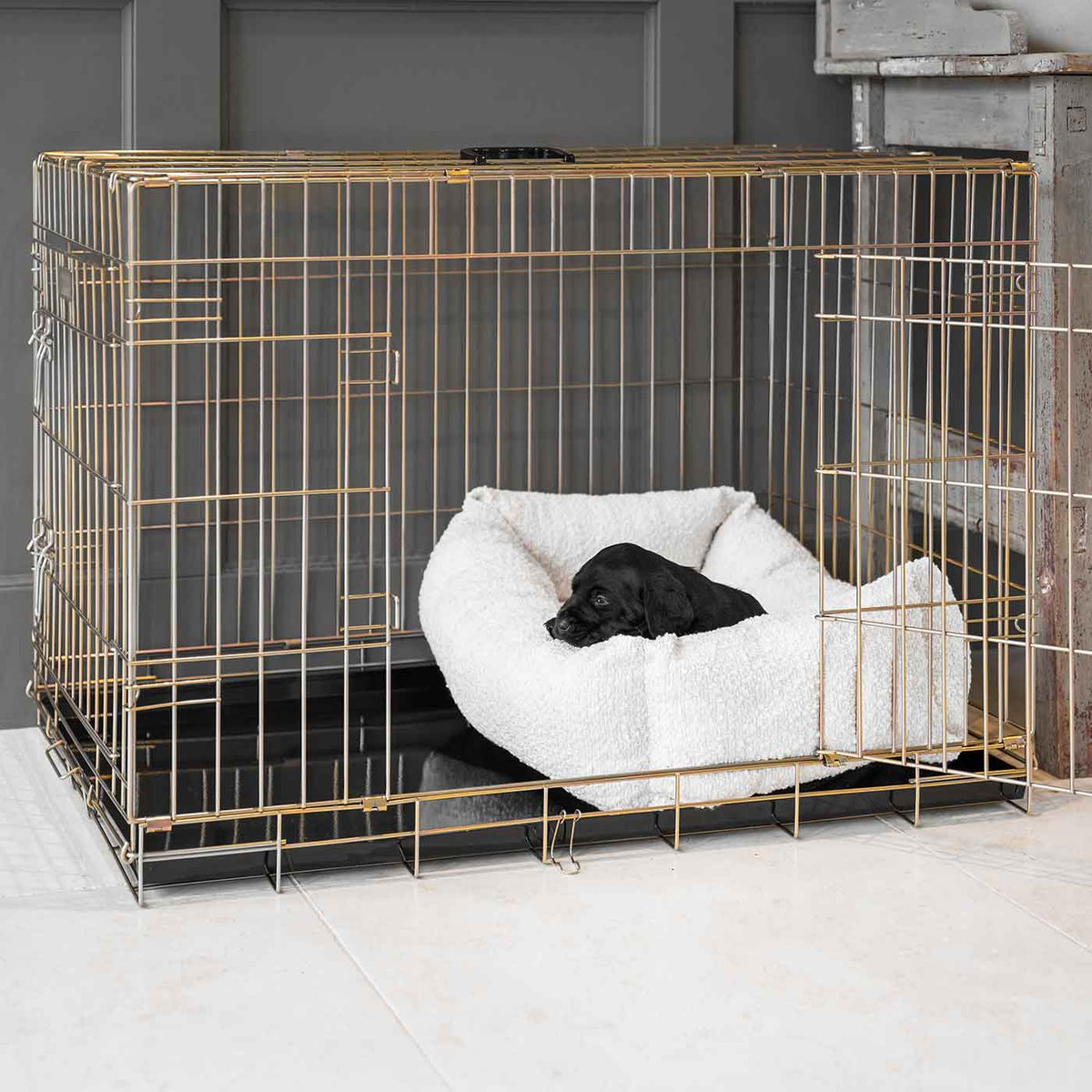 Cosy & Calming Puppy Crate Bed With Removable Covers in Ivory Bouclé, view 5