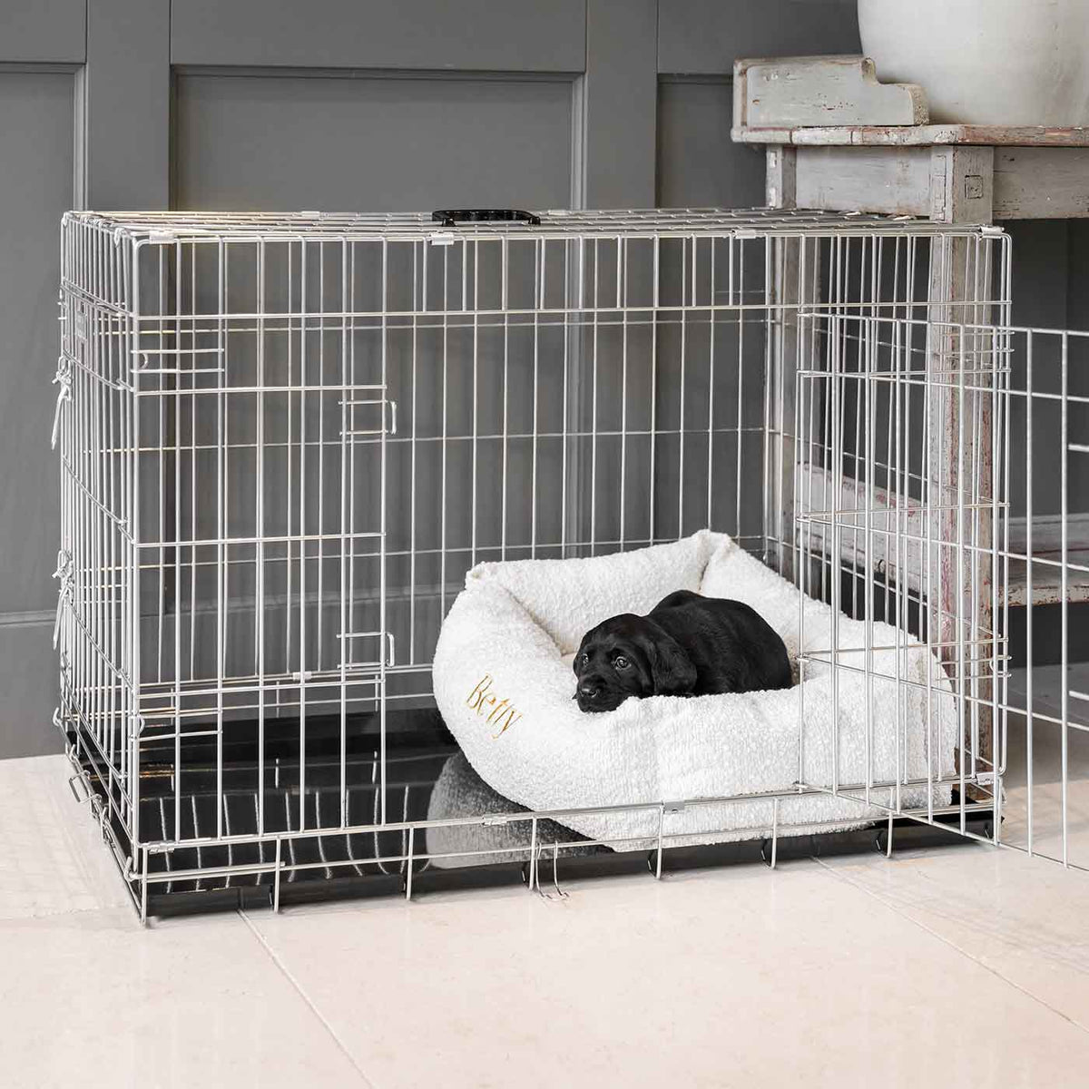 Cosy & Calming Puppy Crate Bed With Removable Covers in Ivory Bouclé