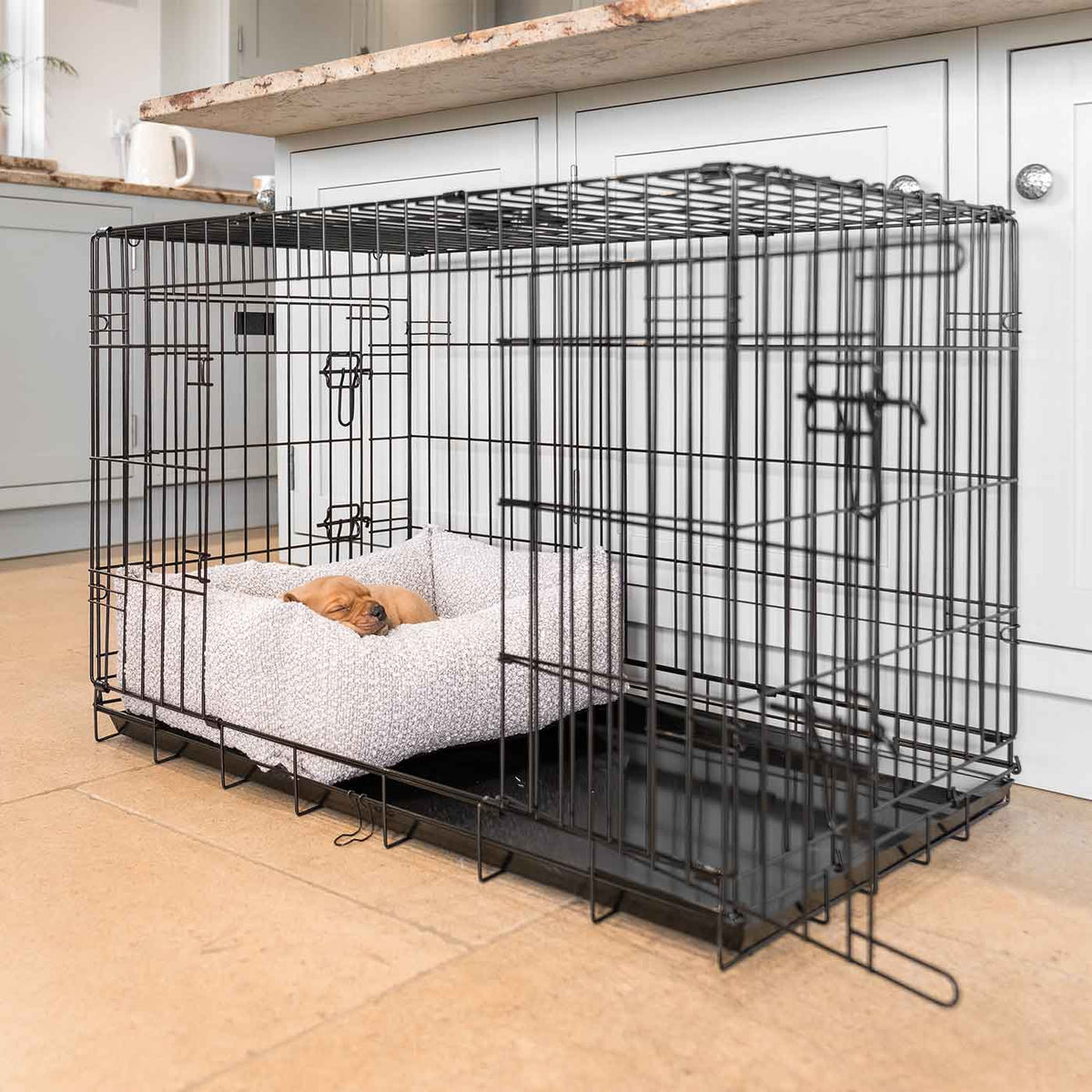 Cosy & Calming Puppy Crate Bed With Removable Covers in Mink Bouclé