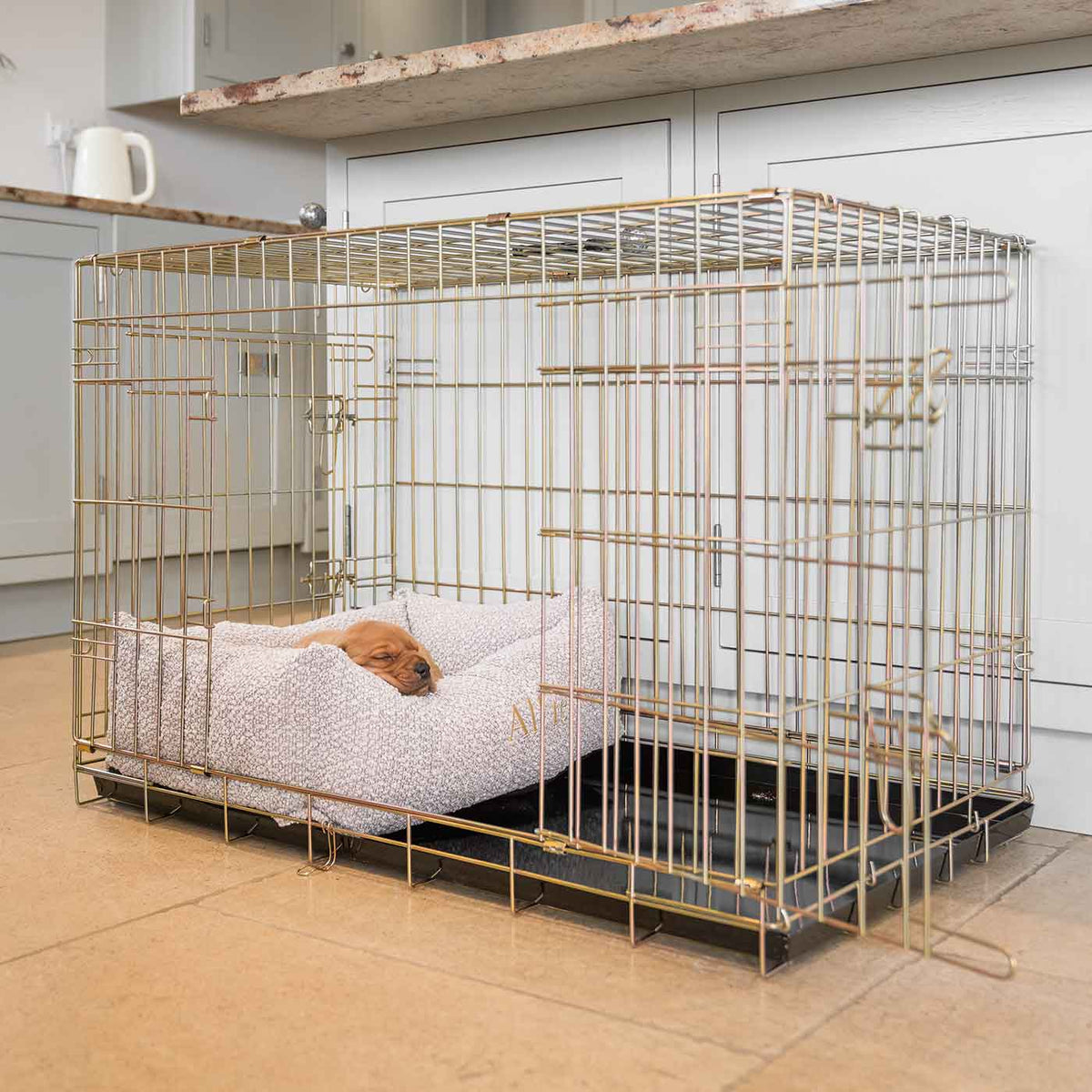 Cosy & Calming Puppy Crate Bed With Removable Covers in Mink Bouclé, view 4