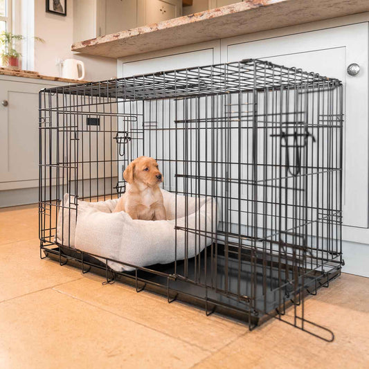 Cosy & Calming Puppy Crate Bed With Removable Covers in Natural Herringbone Tweed