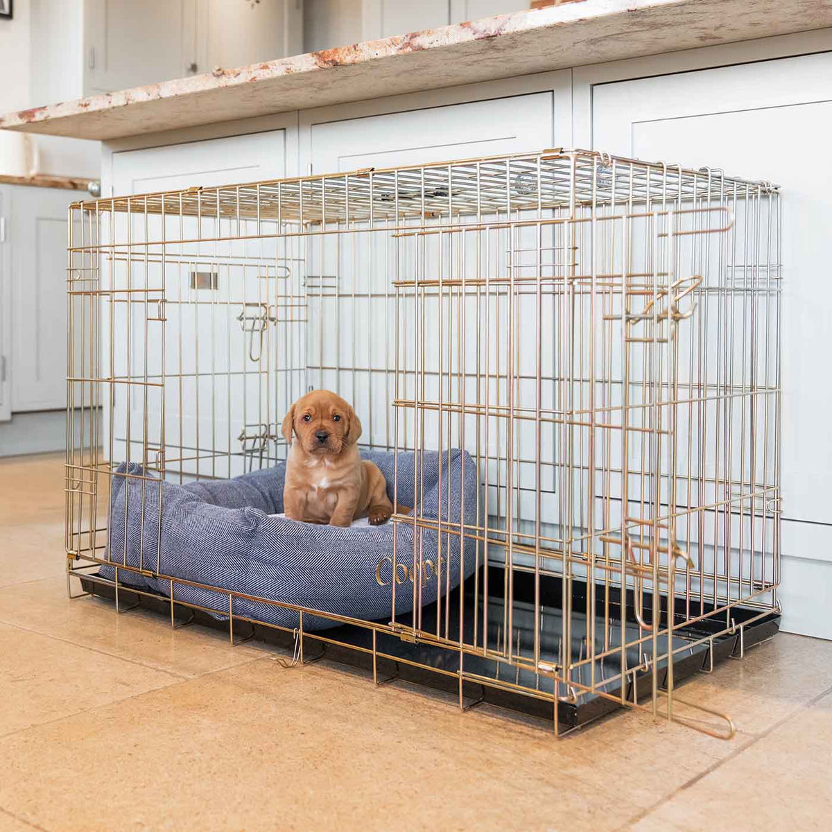 Dog Crate with Cosy & Calming Puppy Crate Bed in Oxford Herringbone