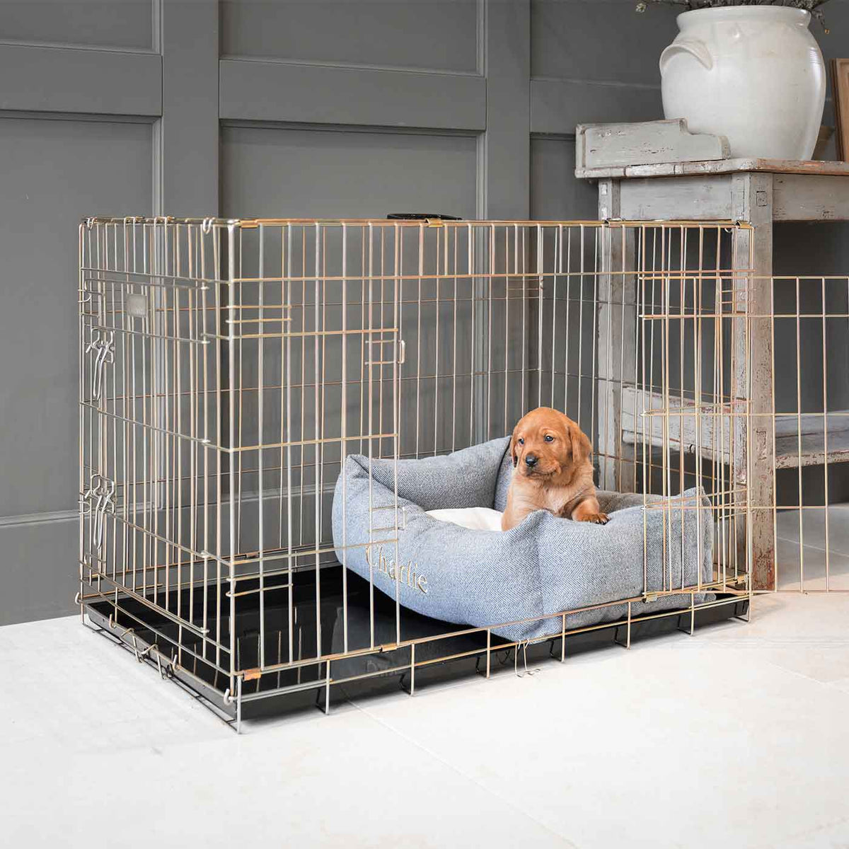 Cosy & Calming Puppy Crate Bed With Removable Covers in Pewter Herringbone Tweed, view 3