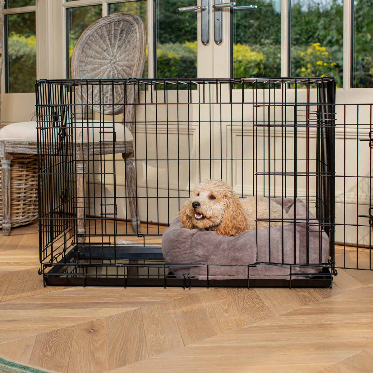 Cosy & Calming Puppy Crate Bed With Removable Covers in Calming Anti-Anxiety Fawn Faux Fur