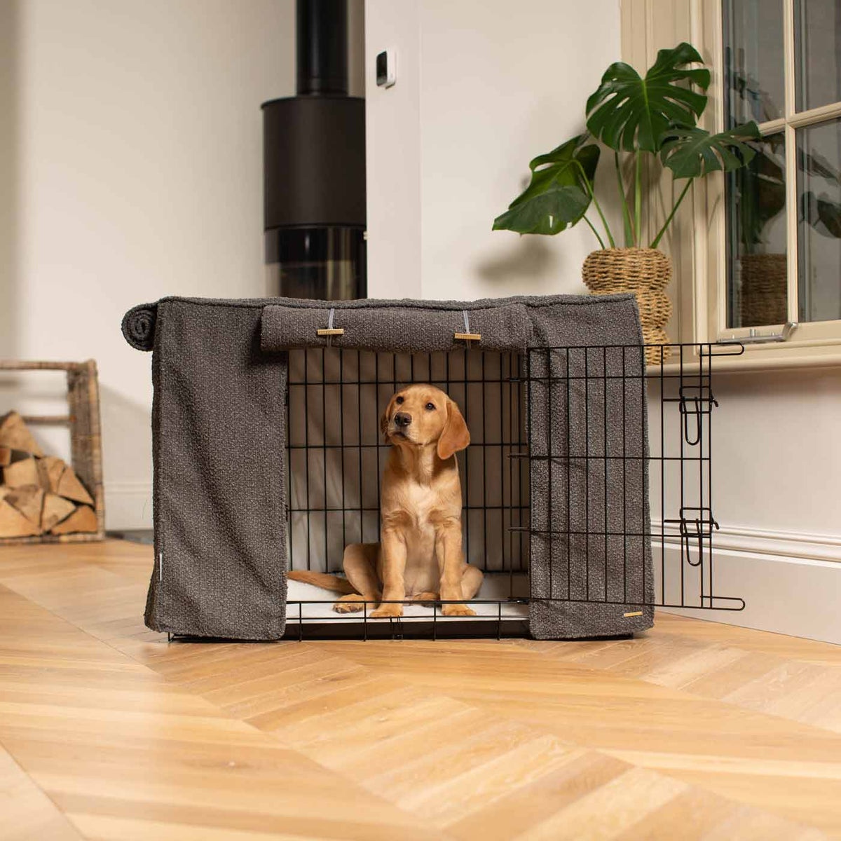 Dog Crate with Crate Cover in Granite Bouclé, view 3