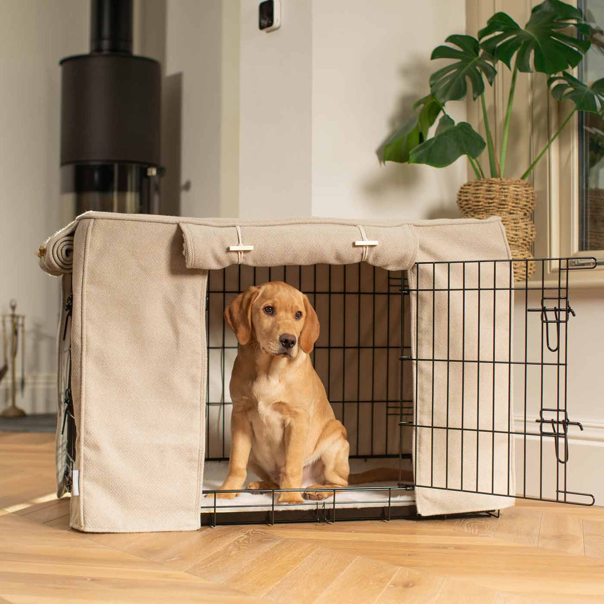 Dog Crate with Crate Cover in Natural Herringbone, view 2