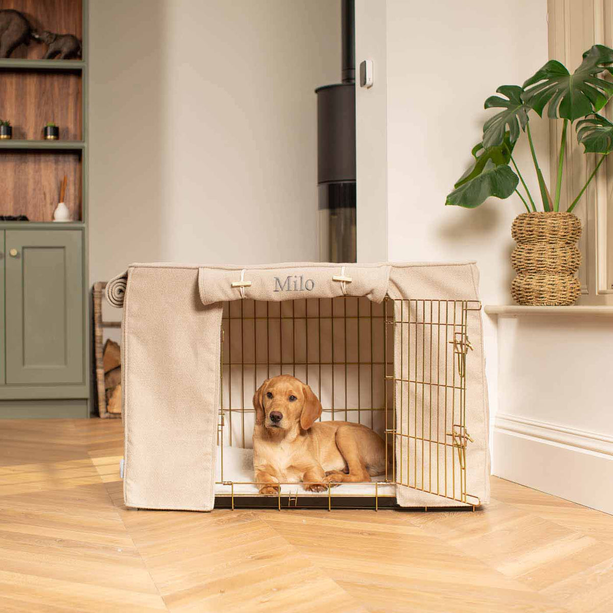 Dog Crate with Crate Cover in Natural Herringbone