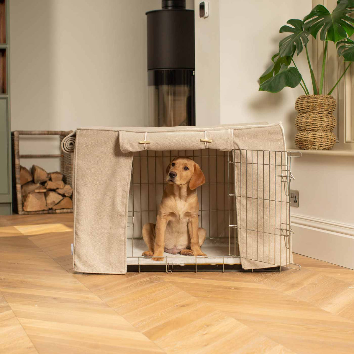 Dog Crate Cover in Natural Herringbone Tweed