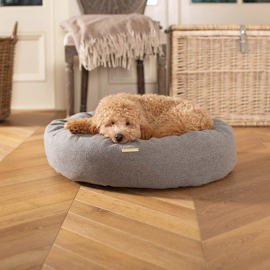 Donut Bed With Removable Covers in Pewter Herringbone Tweed