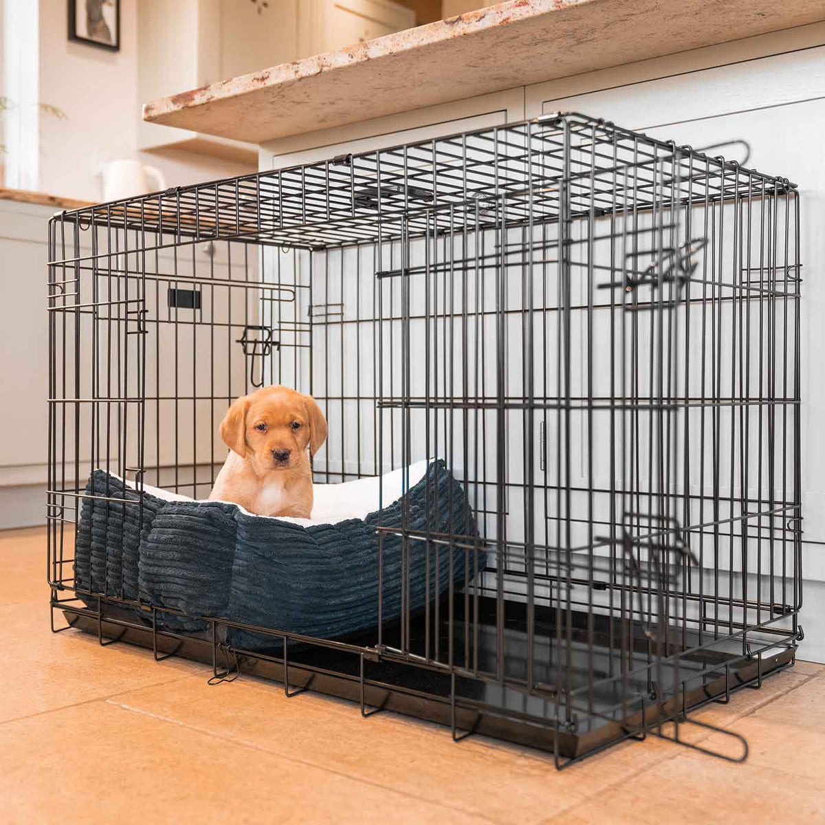 Cosy & Calming Puppy Crate Bed With Removable Covers in Navy Essentials Plush
