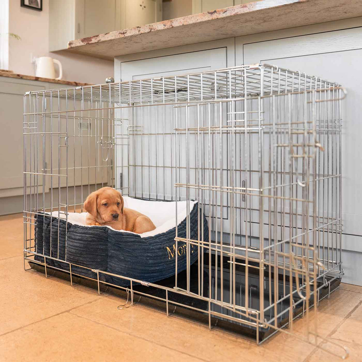 Cosy & Calming Puppy Crate Bed With Removable Covers in Navy Essentials Plush, view 5