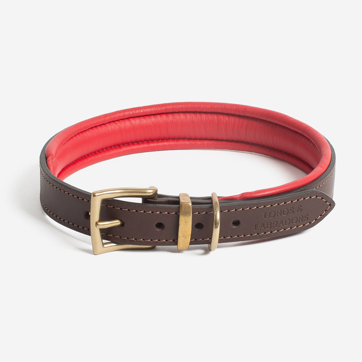 Italian Padded Leather Dog Collar in Brown & Red, view 5