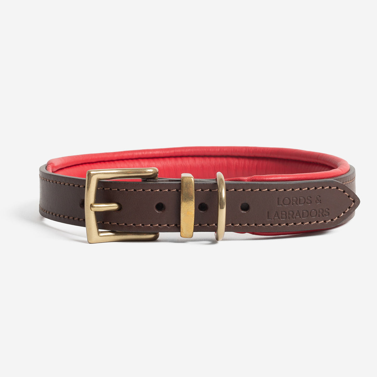 Italian Padded Leather Dog Collar in Brown & Red, view 7