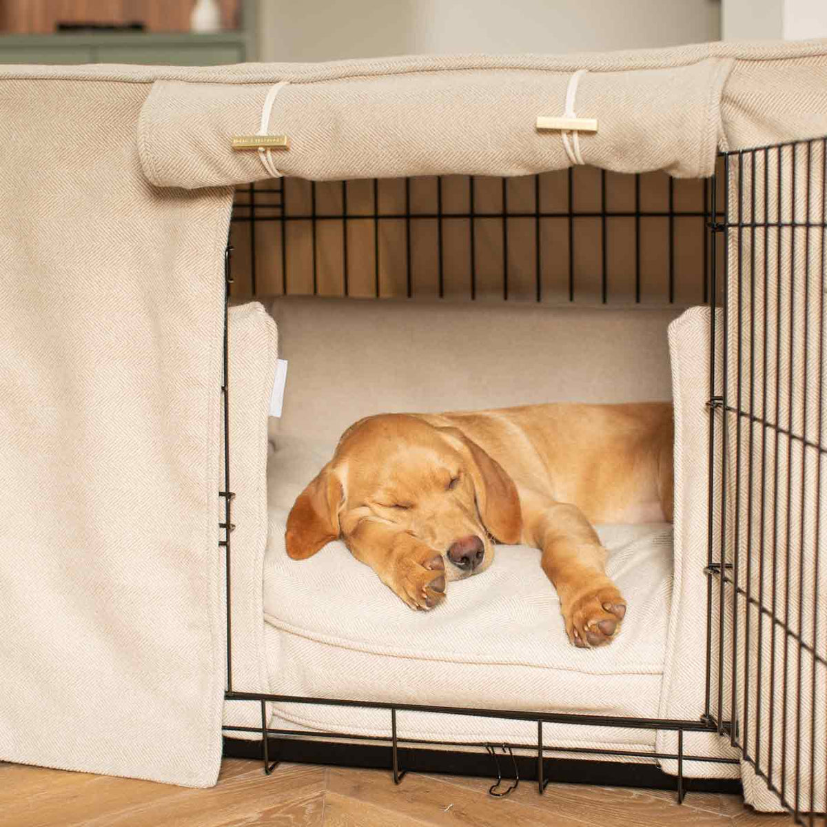Dog Crate Set In Natural Herringbone Tweed, view 3
